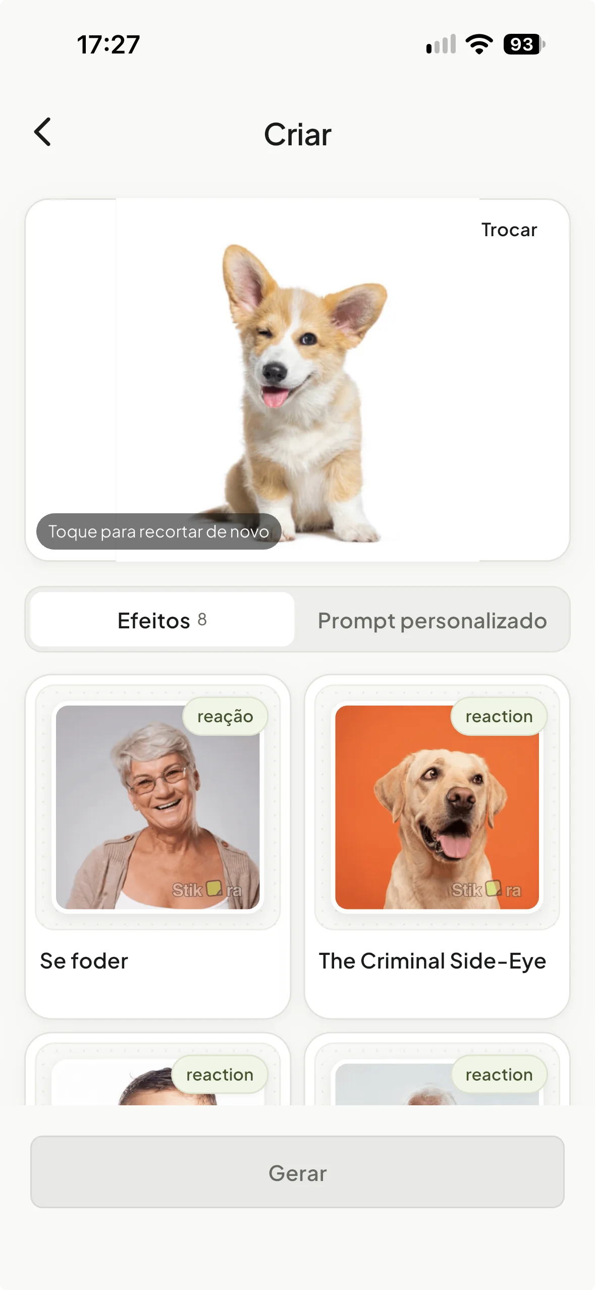 Stikora animation effects and custom description screen in Brazilian Portuguese