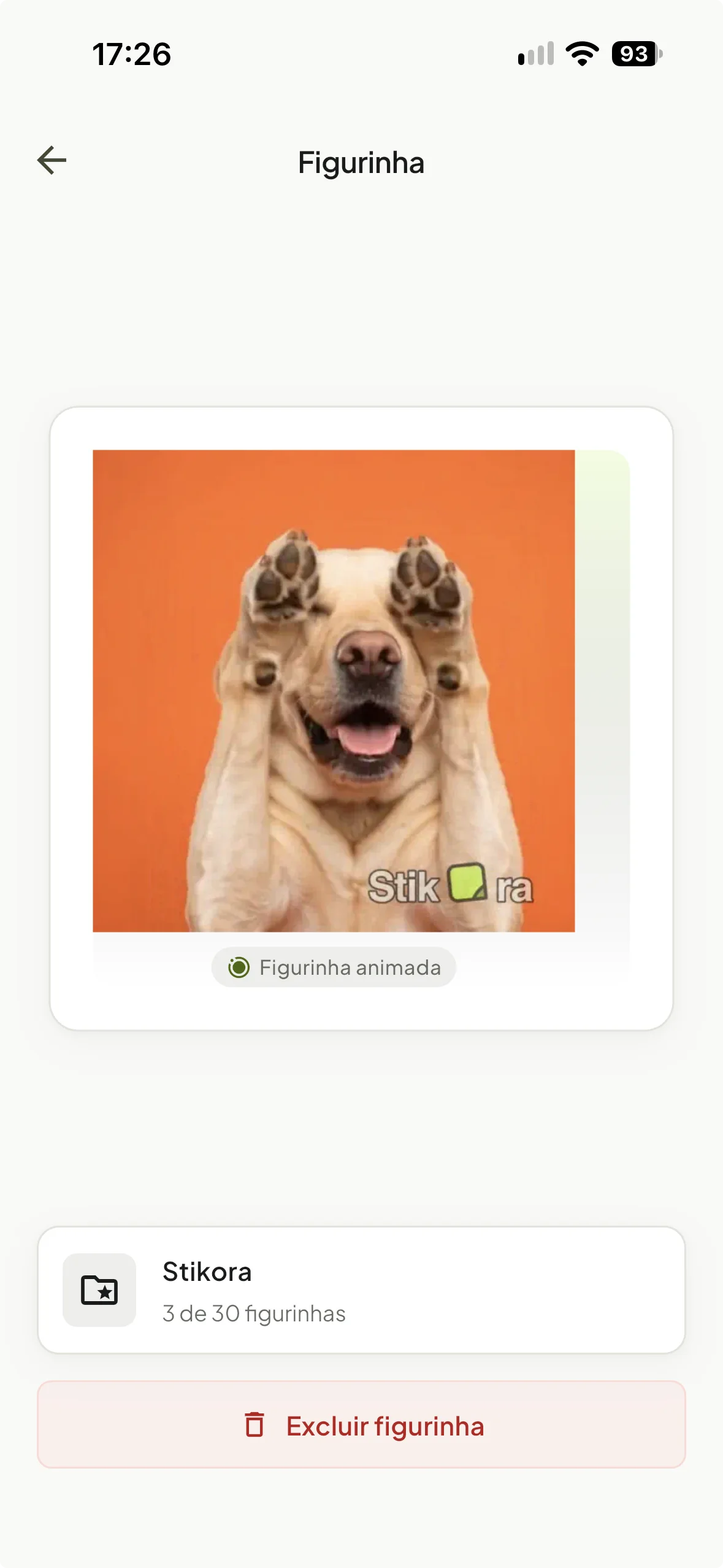 Stikora saved sticker detail screen in Brazilian Portuguese